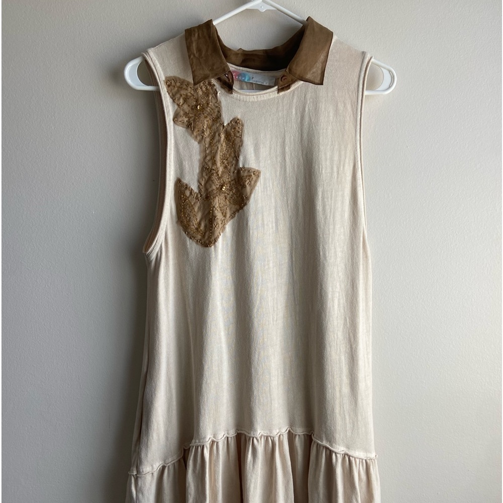 Free People Cream Maxi Dress with Brown Collar and Appliqué